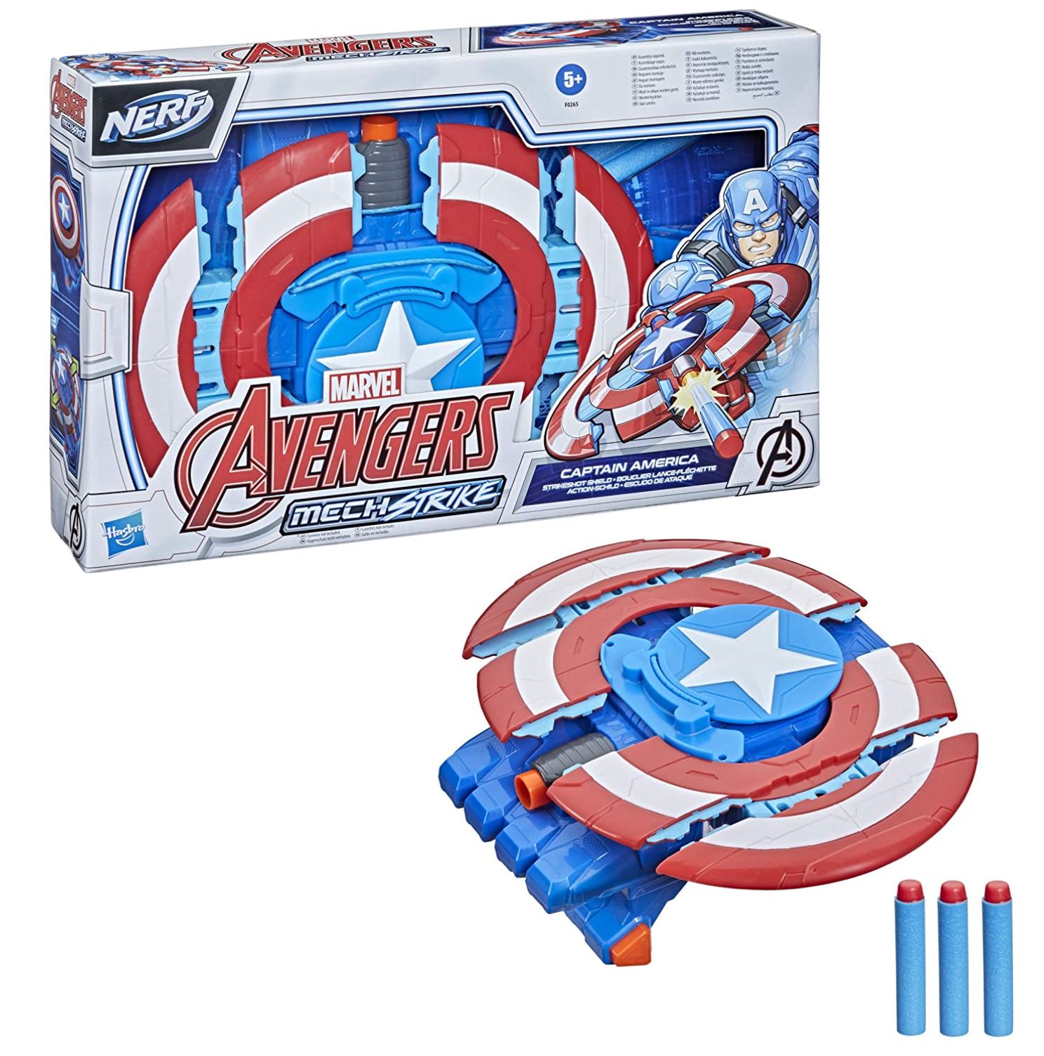 Marvel Avengers Mech Strike Captain America Strikeshot Shield Role Play Toy with 3 NERF Darts