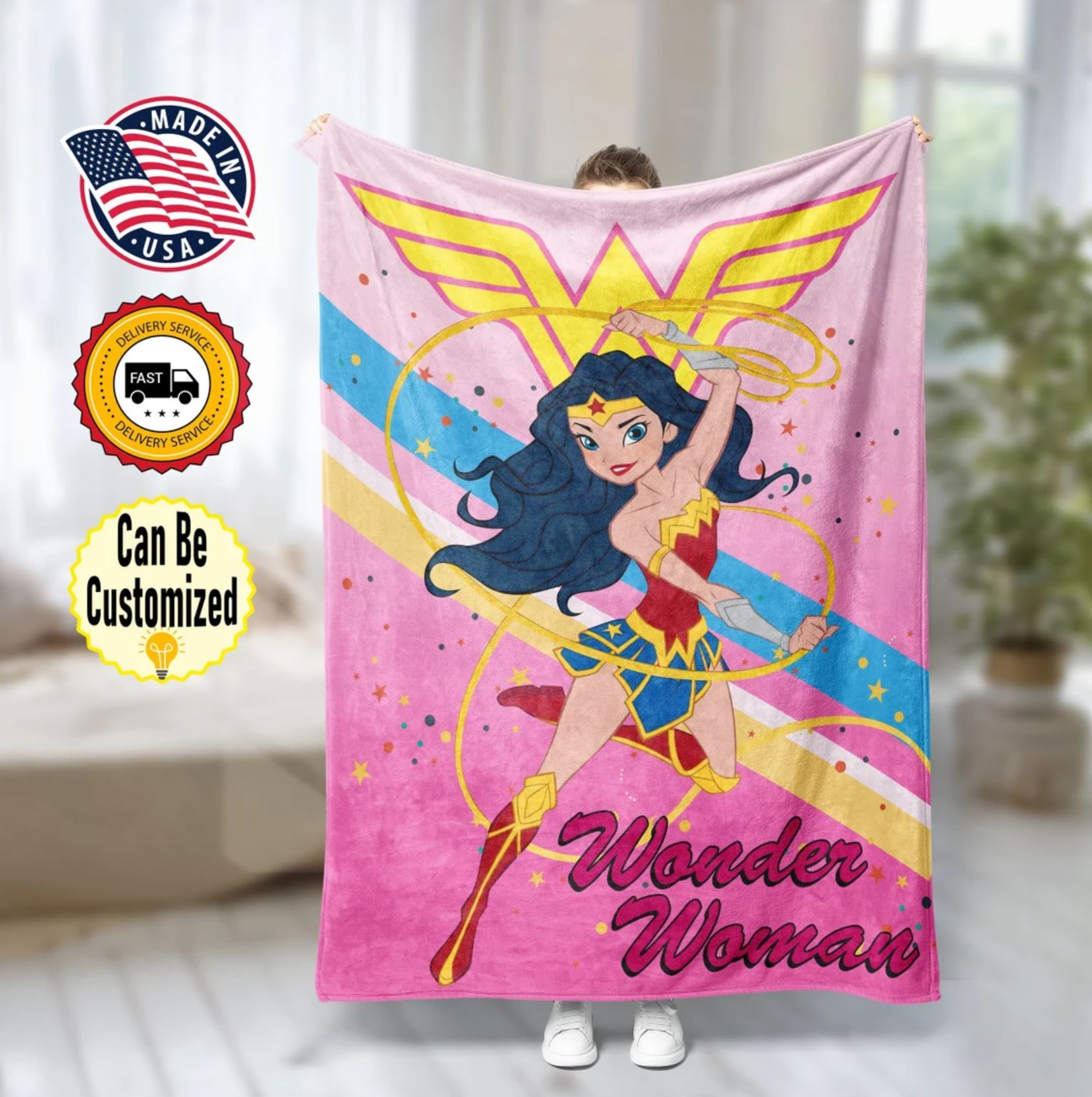 Personalized Beautiful Wonder Woman Blanket, Custom Face & Name Wonder Woman Superhero Blanket