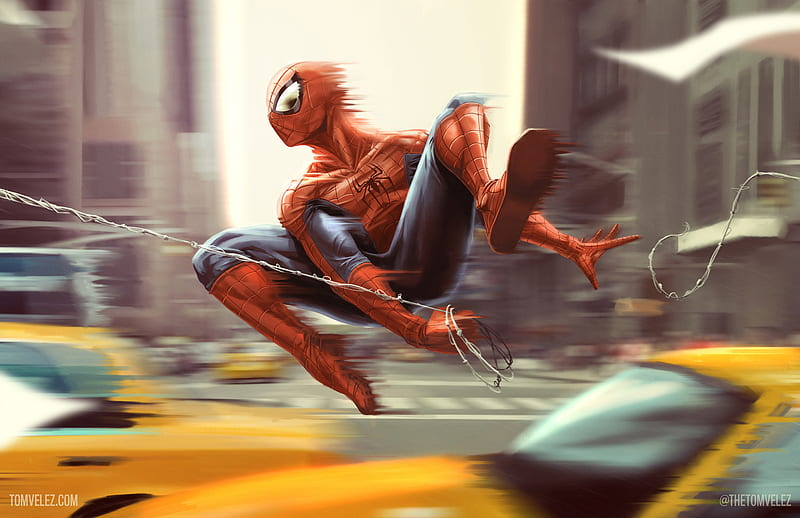 Spiderman flying over NY taxi